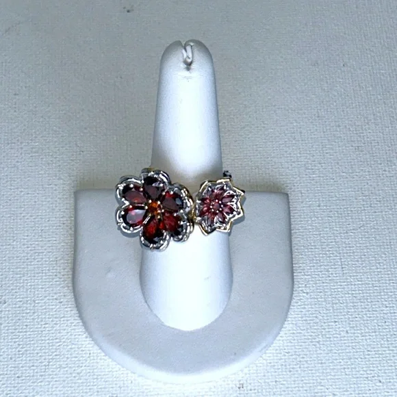 NWOT Gems en Vogue Sterling 18K Accent Genuine Gemstone 2 Flower Designer Ring